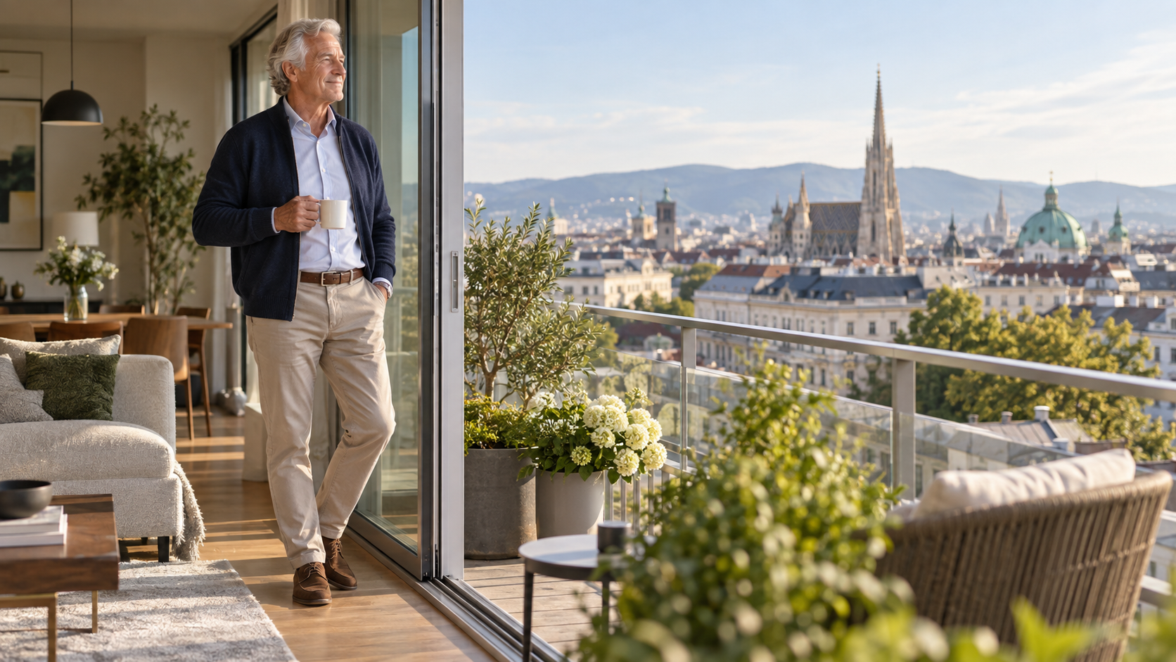Älterer Mann genießt den Ausblick aus einer hellen Stadtwohnung